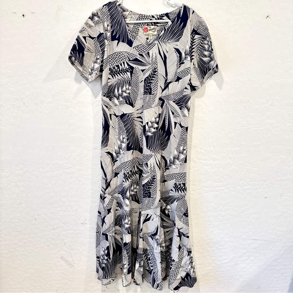 Hilo Hattie Black White Leaf Print Midi Dress Womens XL Ruffle Tropical Vacation